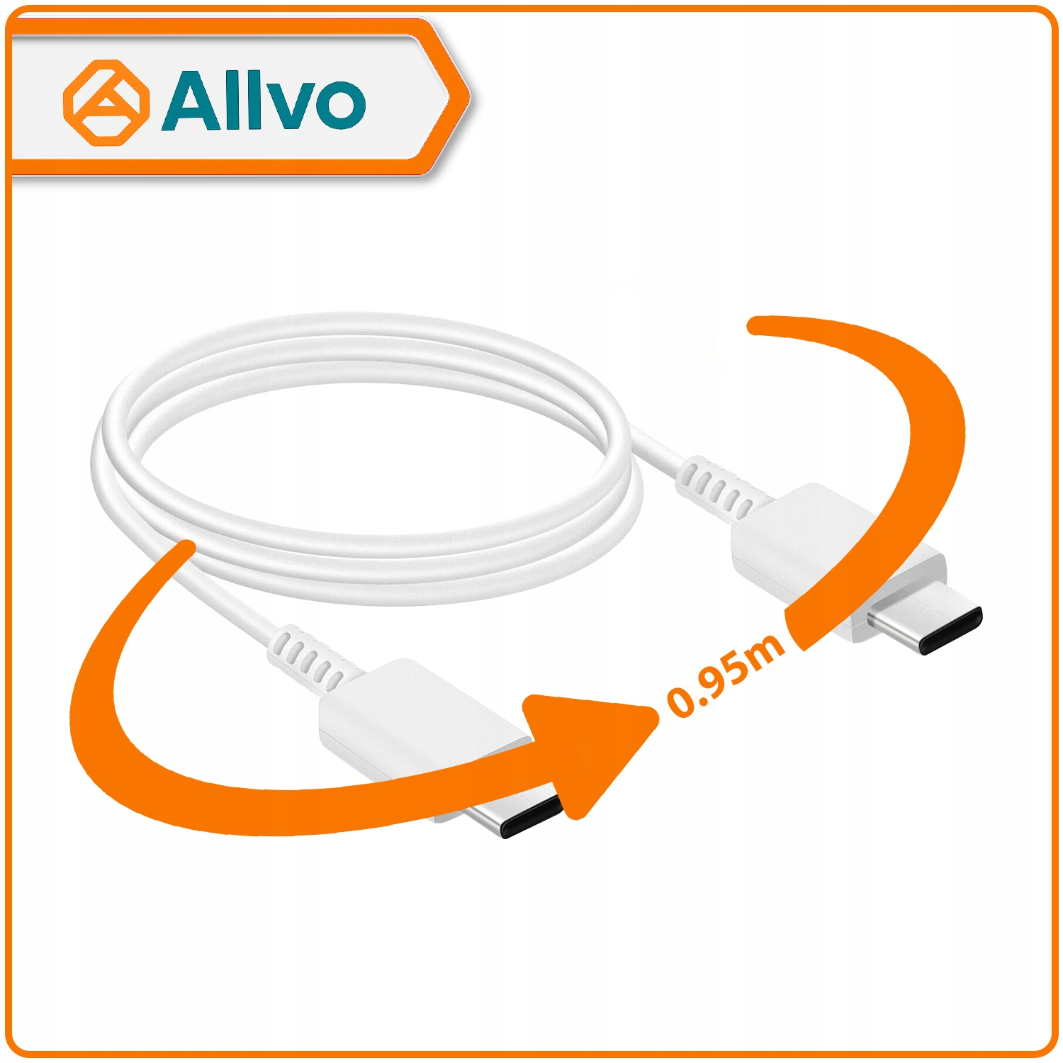 Biały kabel USB-C o długości 0,95 m, otoczony pomarańczową strzałką na białym tle z logo Allvo.