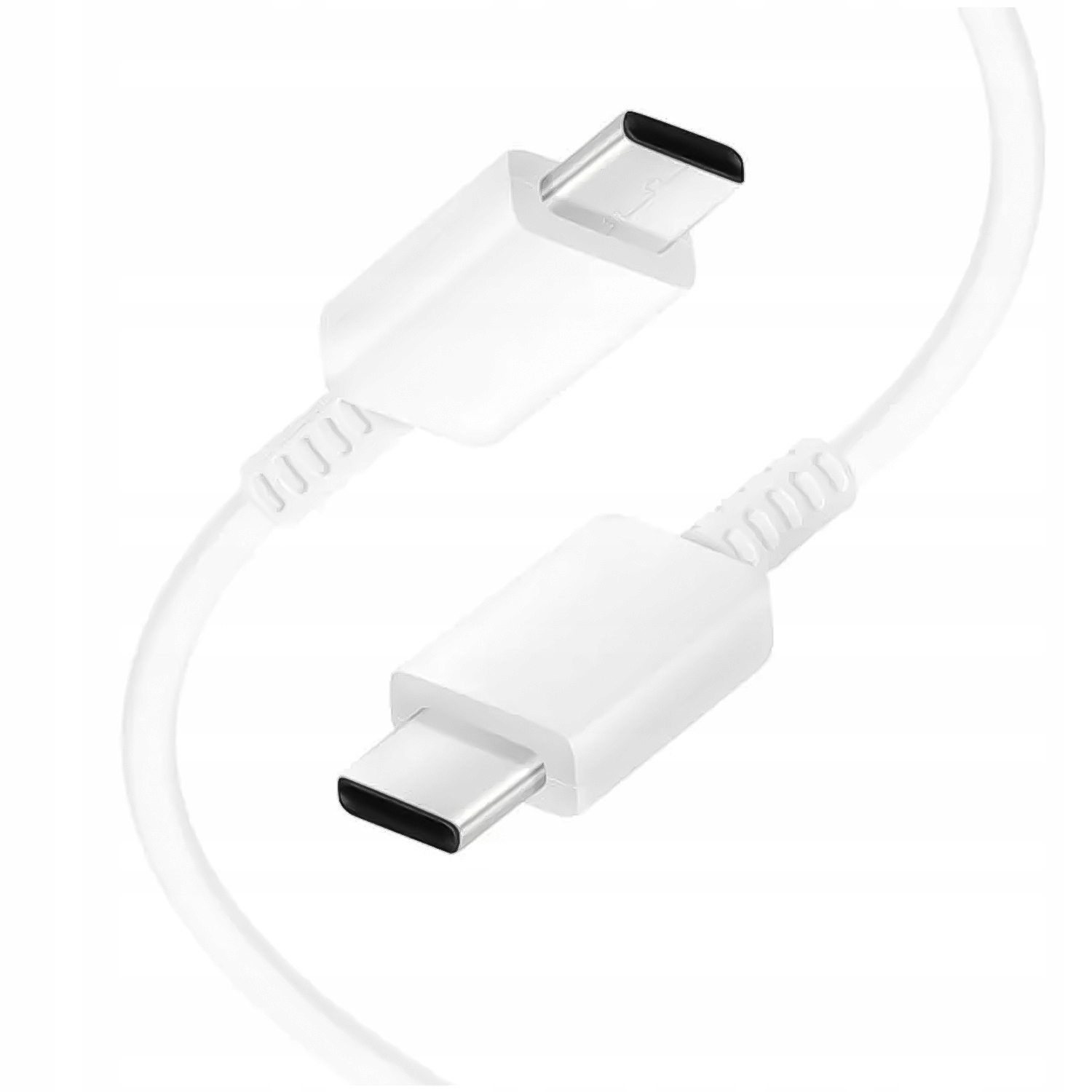 Dwa białe końce kabla USB-C ze srebrnymi złączami na białym tle.