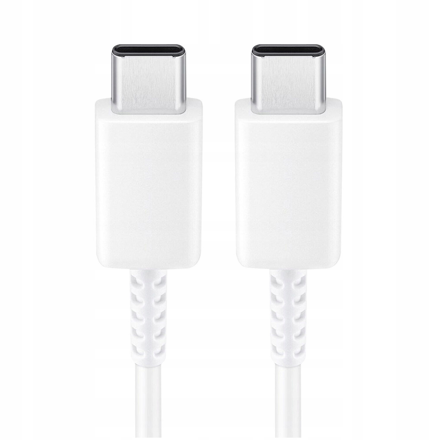 Dwa białe złącza kabla USB-C na białym tle.