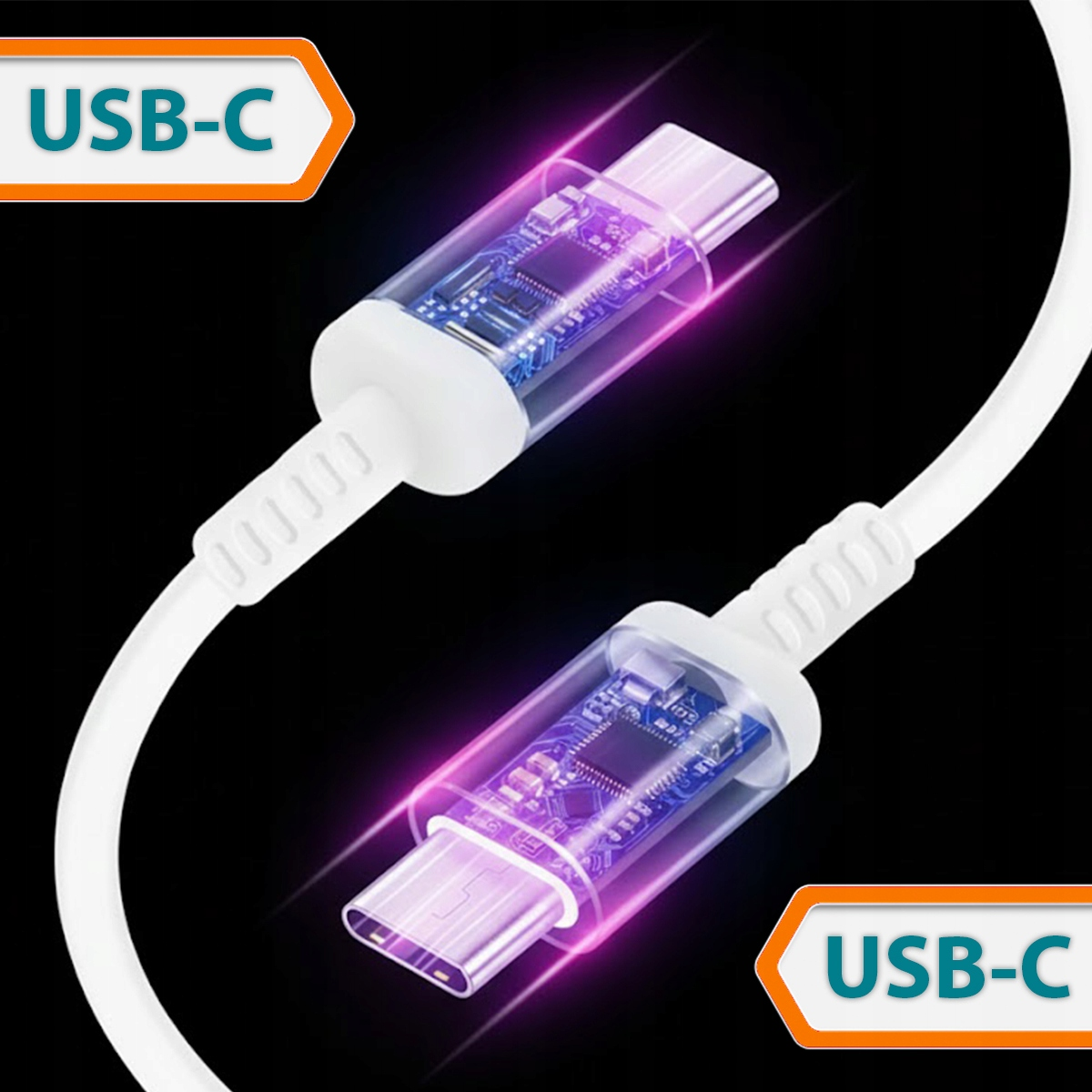 Dwa kable USB-C z przezroczystymi obudowami ukazującymi niebieską elektronikę i różowe smugi światła na czarnym tle.
