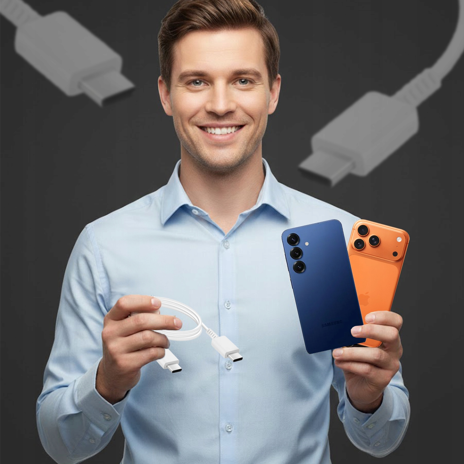 Mężczyzna w niebieskiej koszuli trzyma biały kabel oraz niebieski i pomarańczowy smartfon, z grafiką kabli w tle.