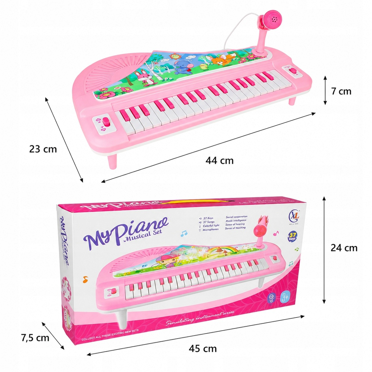 Różowe pianinko dziecięce z mikrofonem i kolorowymi naklejkami, wymiary 44x23x7 cm, pokazane wraz z pudełkiem.