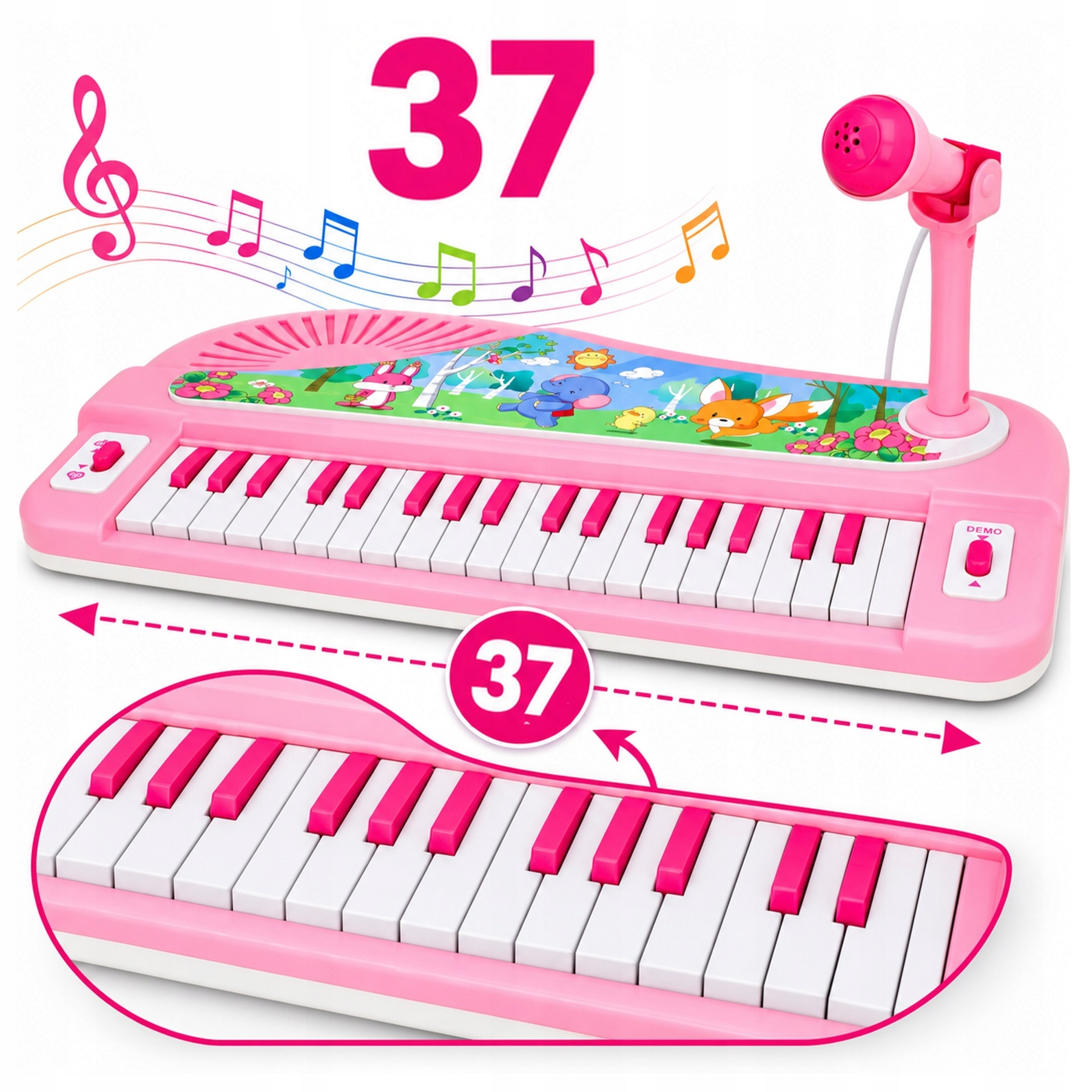 Różowy keyboard zabawkowy z 37 klawiszami, mikrofonem i grafiką ze zwierzętami.