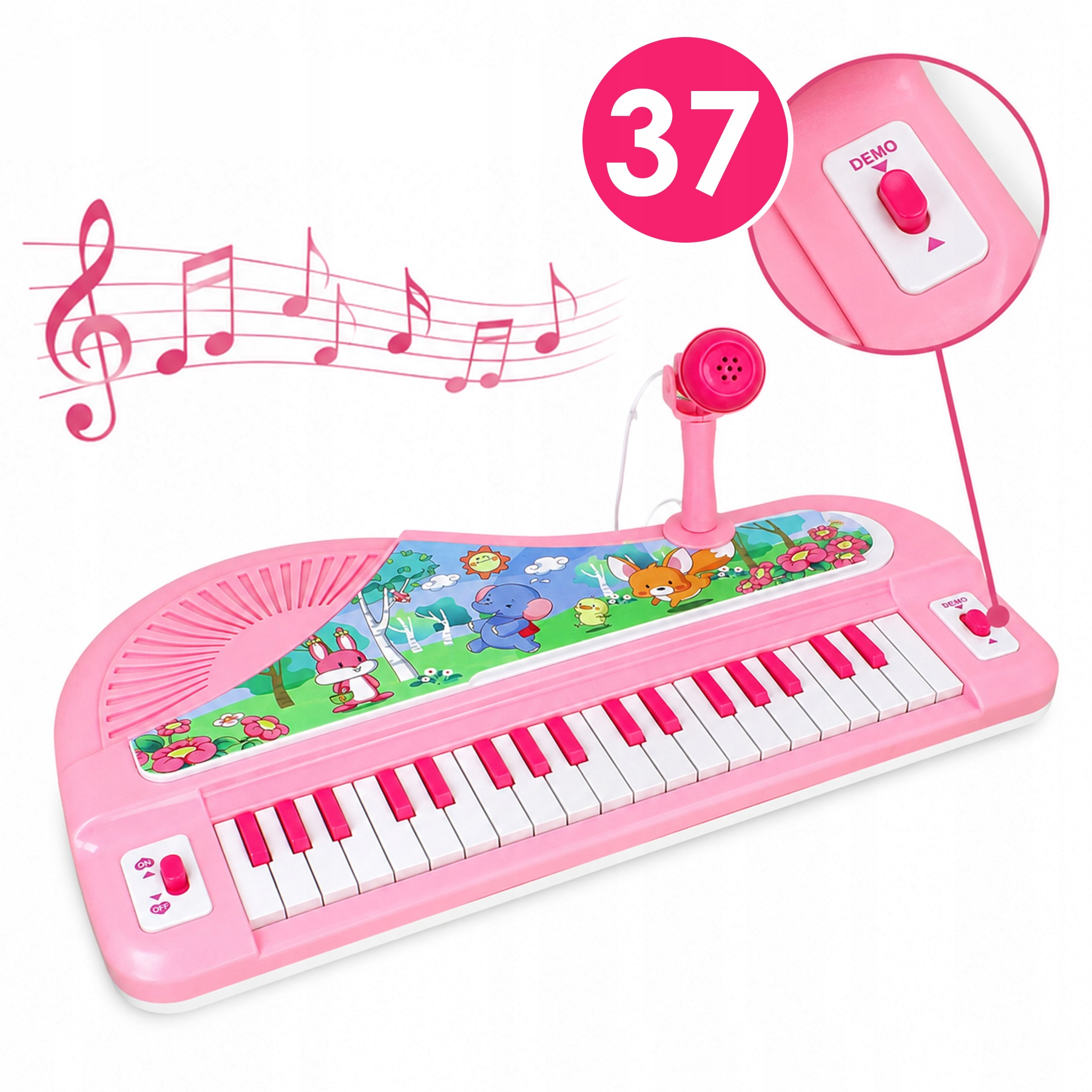 Różowy keyboard dla dzieci z mikrofonem, ilustracjami zwierząt i nutami.