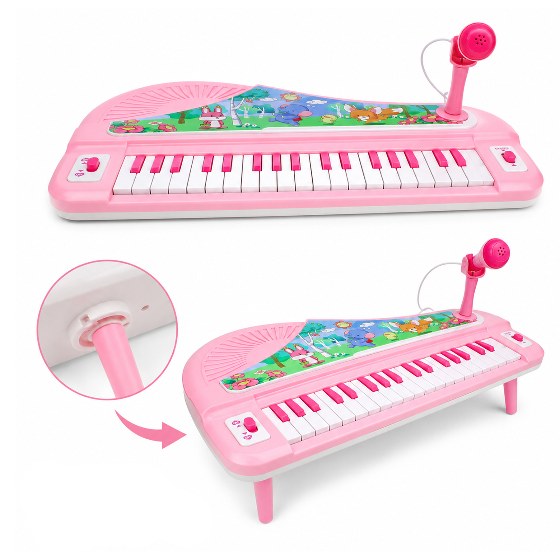 Różowa zabawka keyboard z mikrofonem i odłączanymi nóżkami na białym tle.