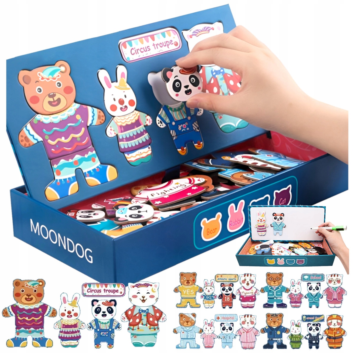 Ręka umieszcza figurkę zwierzęcia w pudełku z puzzlami.