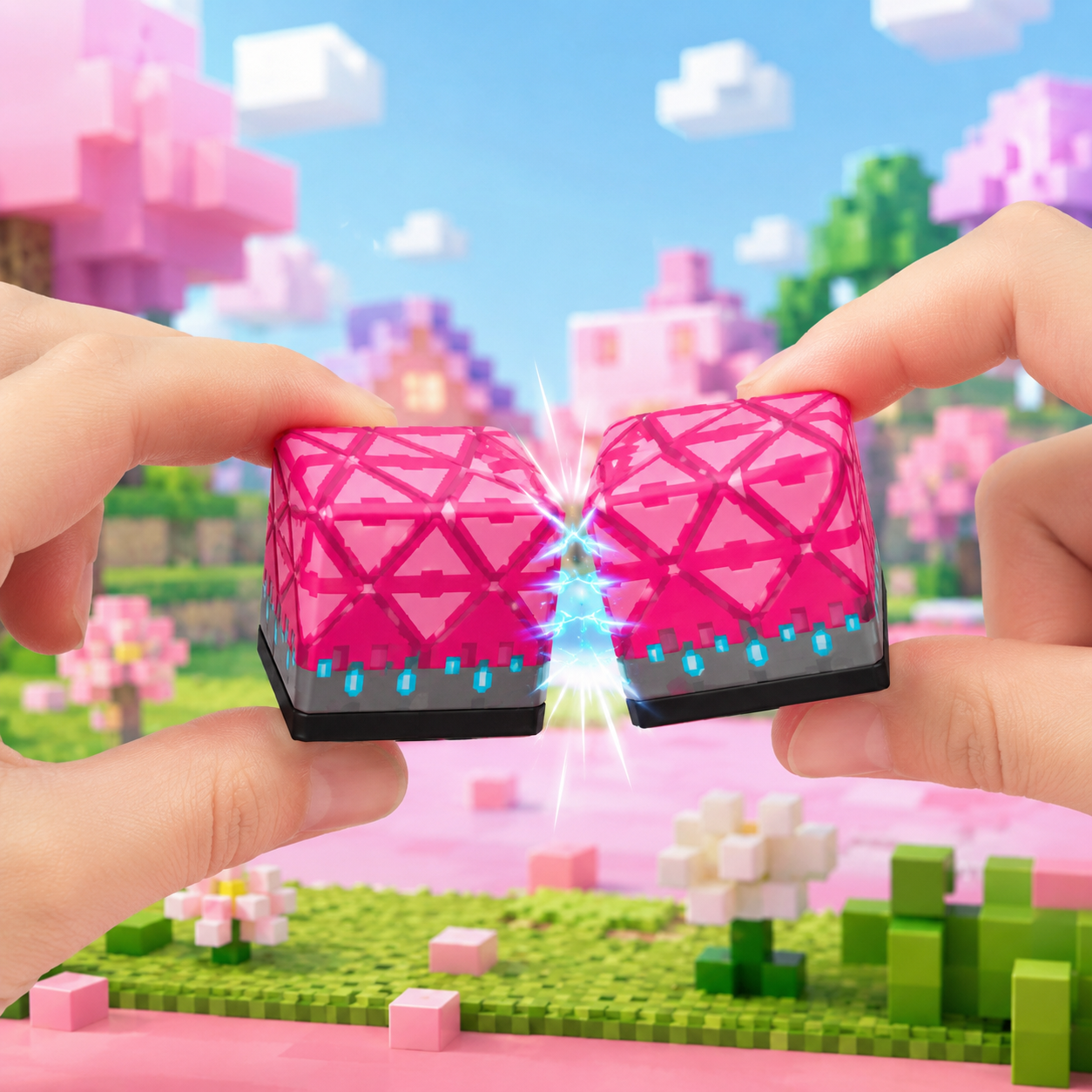 Dwie dwoje rąk trzyma różowe, klockowate zabawki z niebieskimi iskrami na tle krajobrazu z Minecrafta.