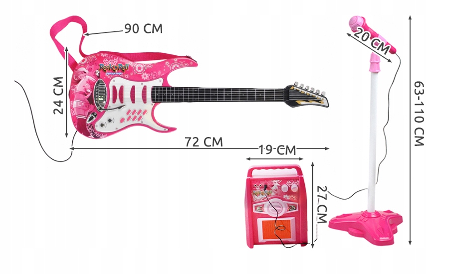 Różowa zabawana gitara elektryczna, wzmacniacz i stojak na mikrofon z wymiarami w cm.