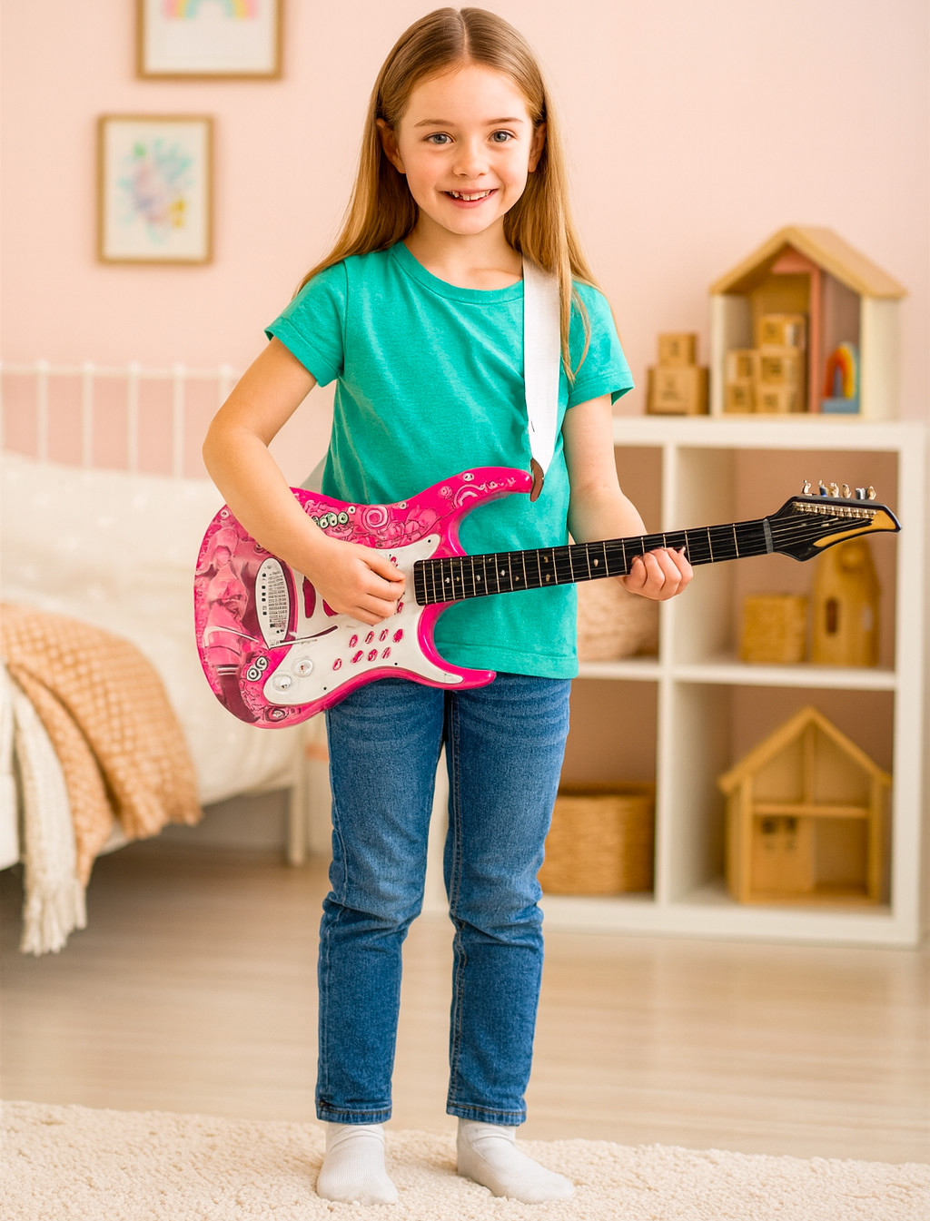 Młoda dziewczyna z długimi blond włosami uśmiecha się, trzymając różową zabawną gitarę elektryczną.