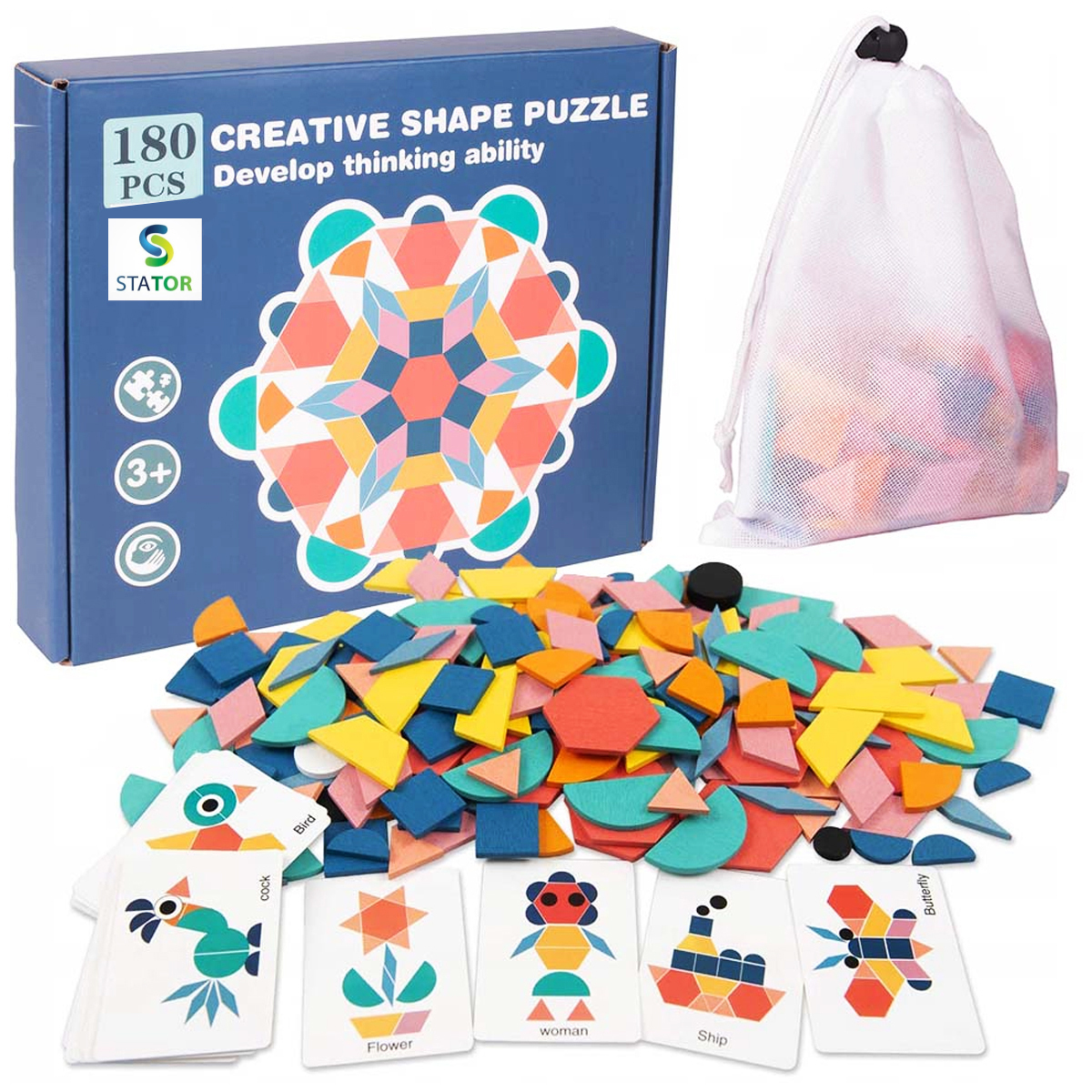 Kolorowe drewniane puzzle układanka z pudełkiem, woreczkiem i kartami wzorów na białym tle.