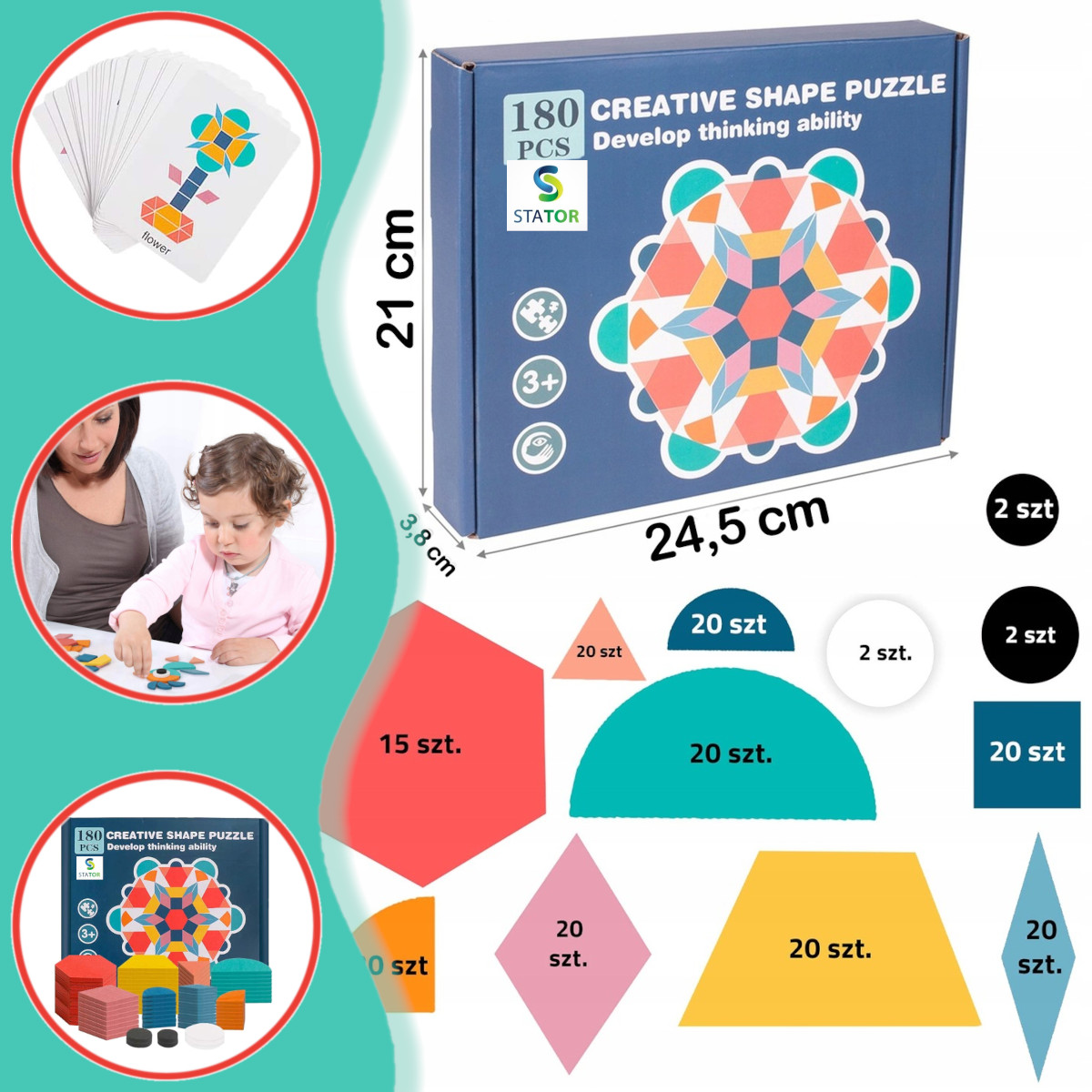 Niebieskie pudelko Creative Shape Puzzle z drewnianymi klockami, wymiarami i zdjeciami.