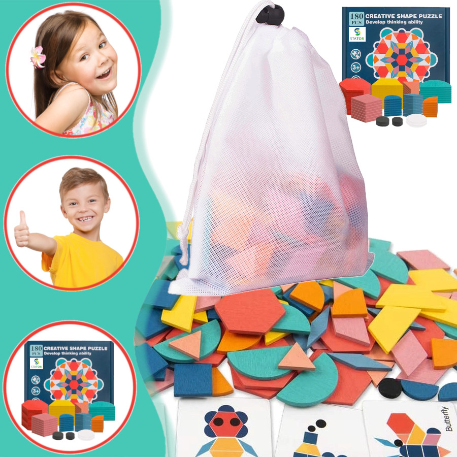 Kolorowe drewniane puzzle z kształtami, torbą i dziećmi.