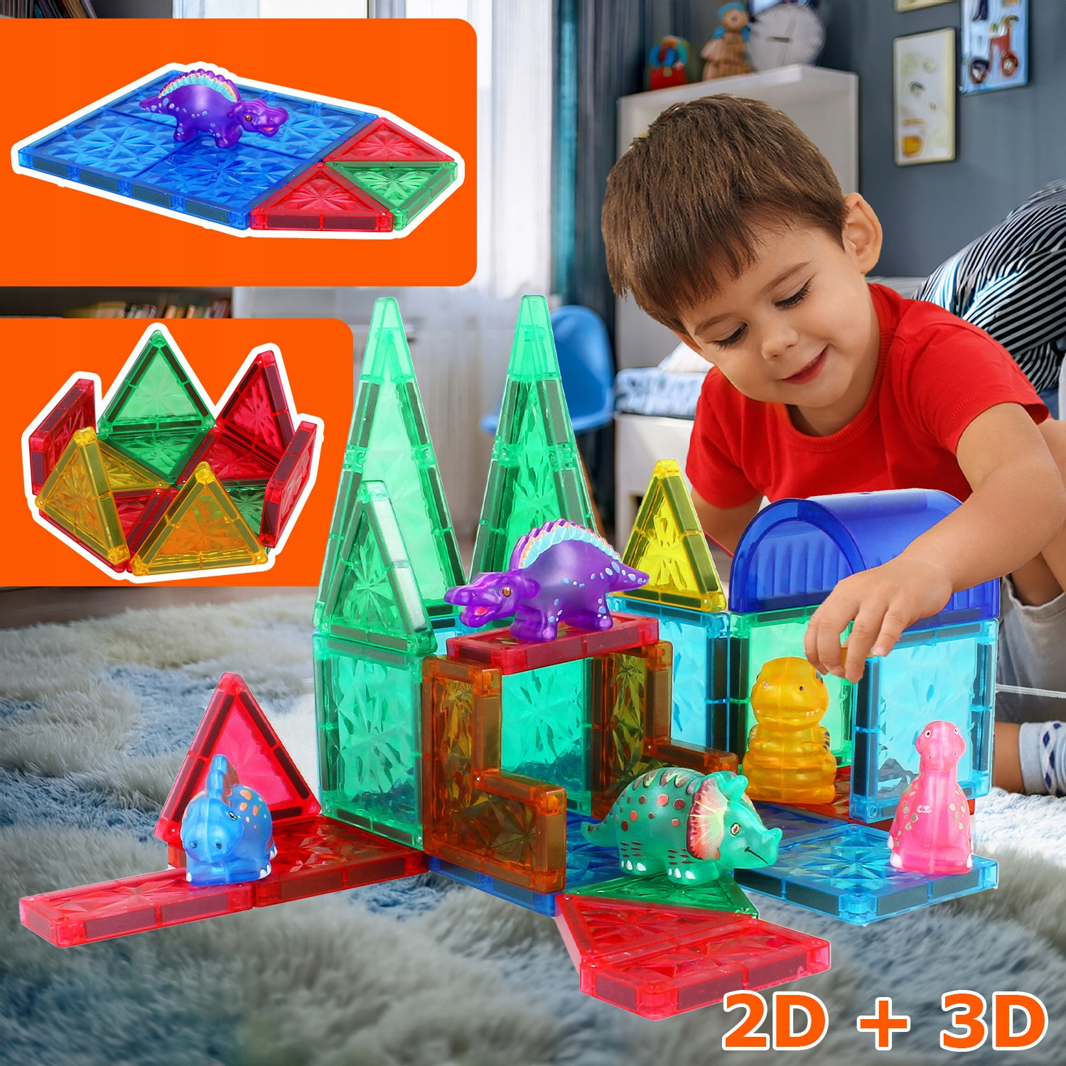 Chłopiec buduje kolorowy zamek z klocków magnetycznych 3D z plastikowymi figurkami dinozaurów.