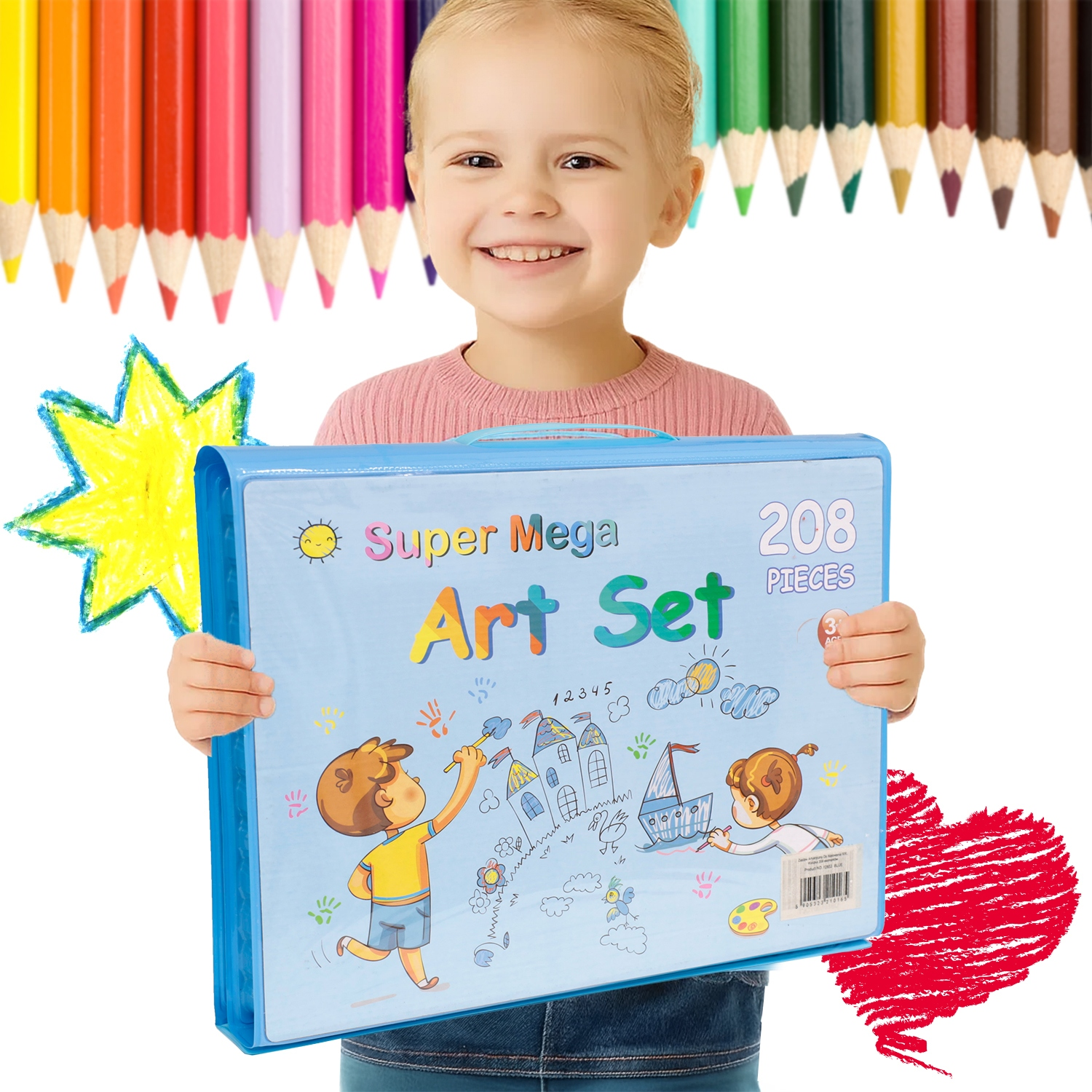 Uśmiechnięta dziewczynka trzyma duże niebieskie pudełko z napisem Art Set na tle kolorowych kredek.