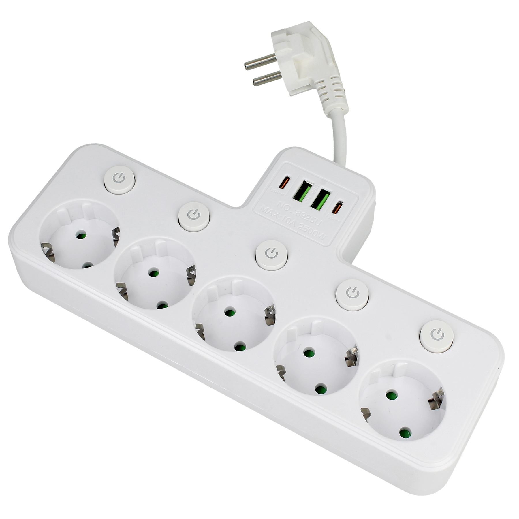 Biała listwa zasilająca z pięcioma gniazdami, osobnymi włącznikami, portami USB i kablem na białym tle.