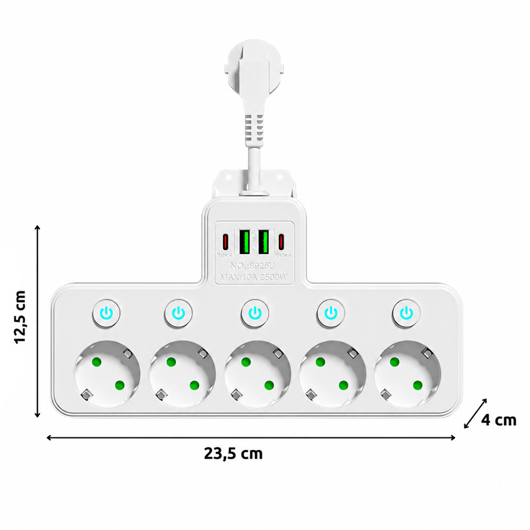 Biała listwa zasilająca z 5 gniazdami, portami USB, przełącznikami i wymiarami 23,5x12,5x4 cm.