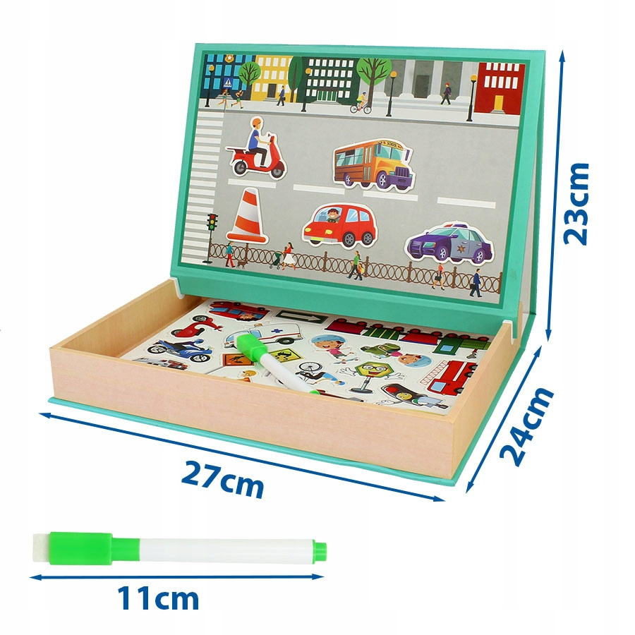 Magnetyczne puzzle drogowe w pudelku z pisakiem, o wymiarach 27x24x23cm.