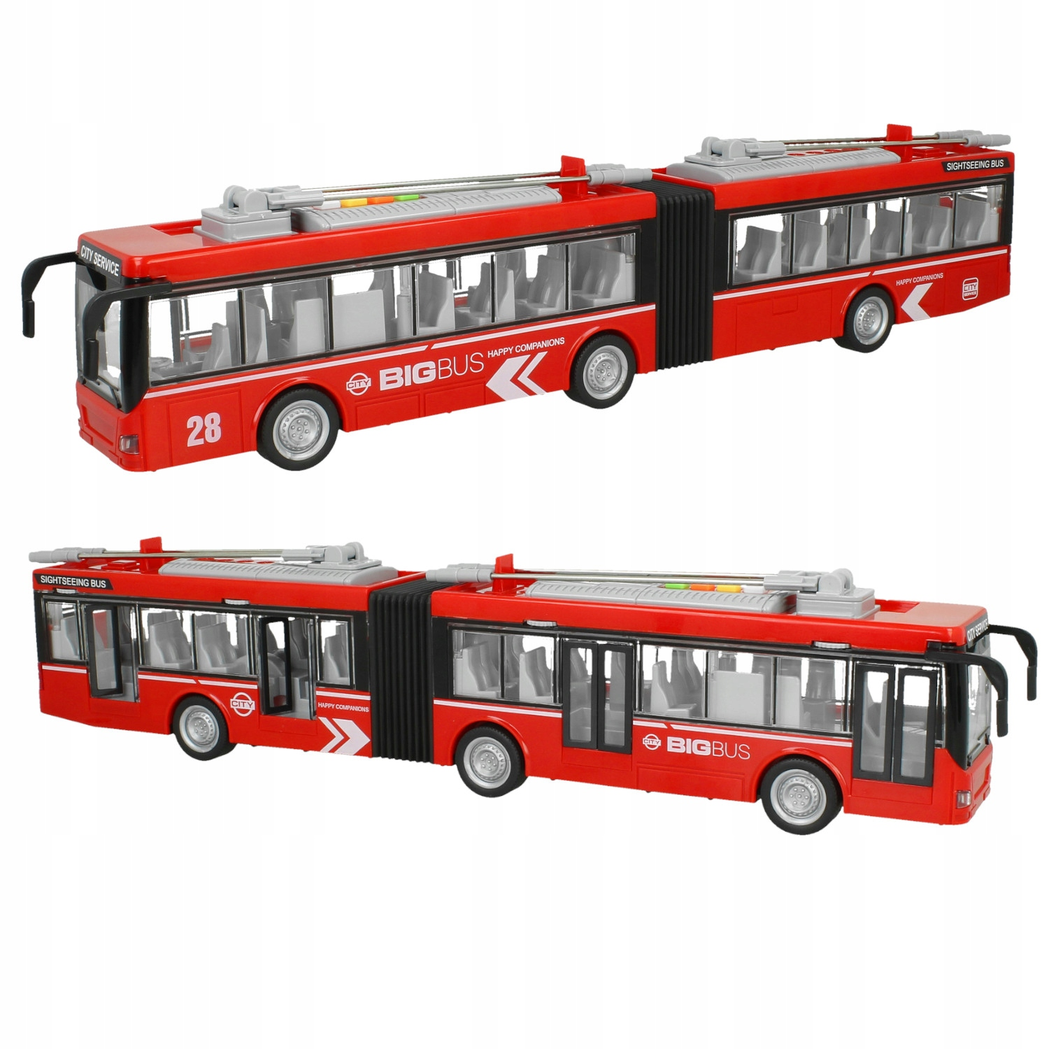 Dwa widoki czerwonego autobusu przegubowego z szarymi siedzeniami i konstrukcjami dachowymi na białym tle.