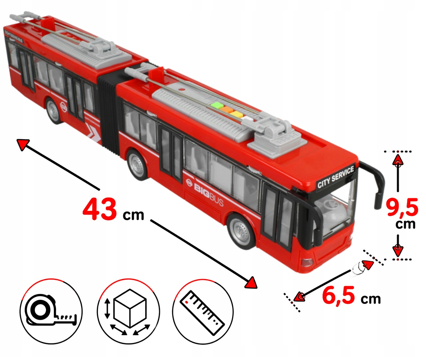Czerwony przegubowy autobus zabawkowy o wymiarach: 43 cm długości, 6,5 cm szerokości i 9,5 cm wysokości.