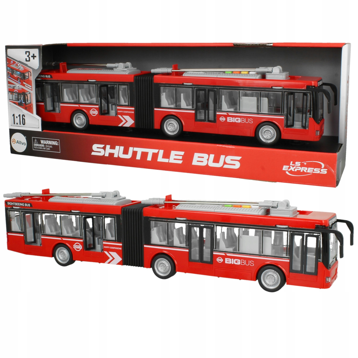 Czerwono-czarny przegubowy autobus zabawka w opakowaniu i poza nim na białym tle.