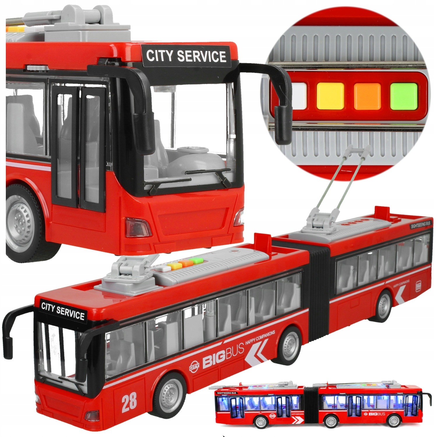 Czerwony model przegubowego autobusu miejskiego z siedzeniami i oświetleniem.
