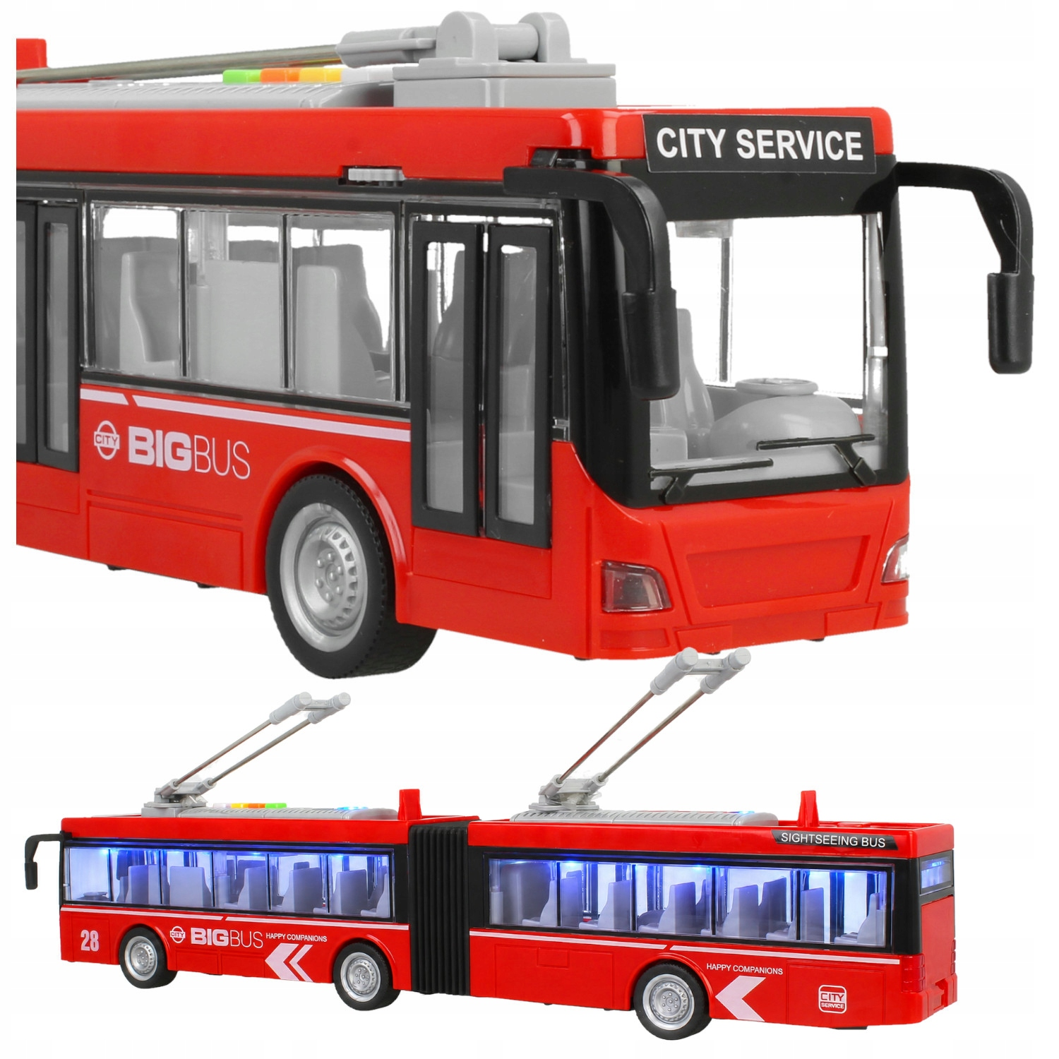 Czerwony zabawkowy autobus przegubowy z oświetleniem wnętrza i drążkami na białym tle.