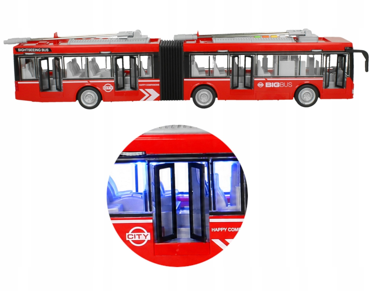 Czerwony autobus przegubowy, zabawka z otwartymi drzwiami i oświetleniem wnętrza.