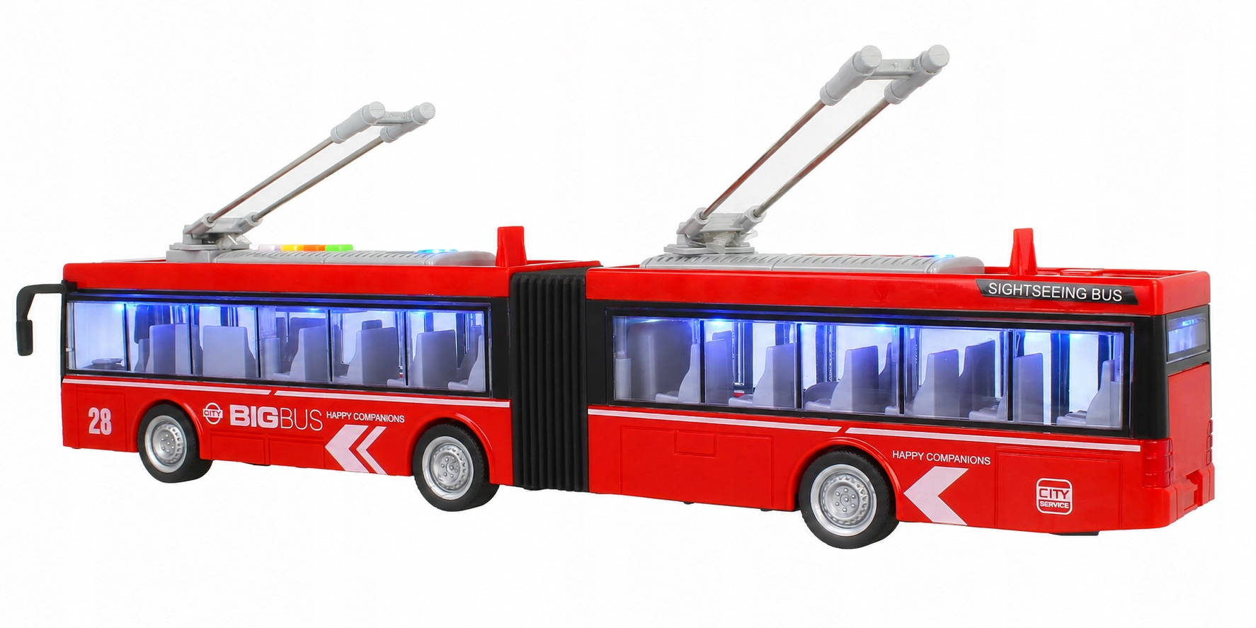 Czerwona zabawka w formie autobusu przegubowego z niebieskim oświetleniem wnętrza i dwoma pantografami na dachu.