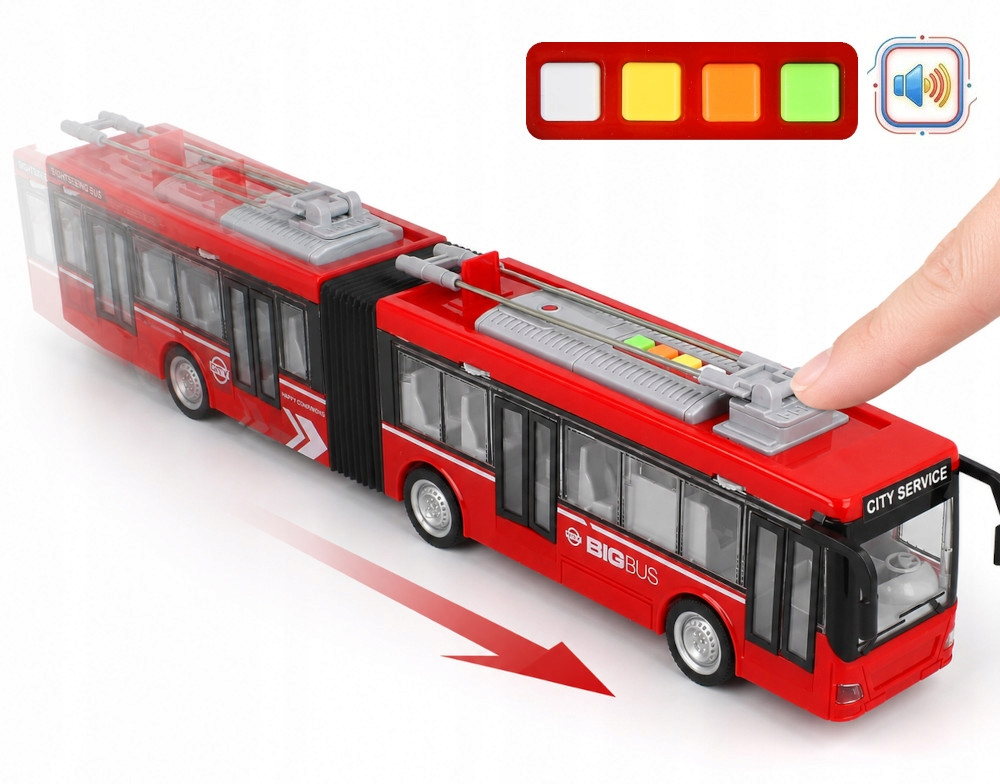 Czerwony przegubowy autobus zabawka z palcem naciskającym przyciski na dachu i panelem sterowania.