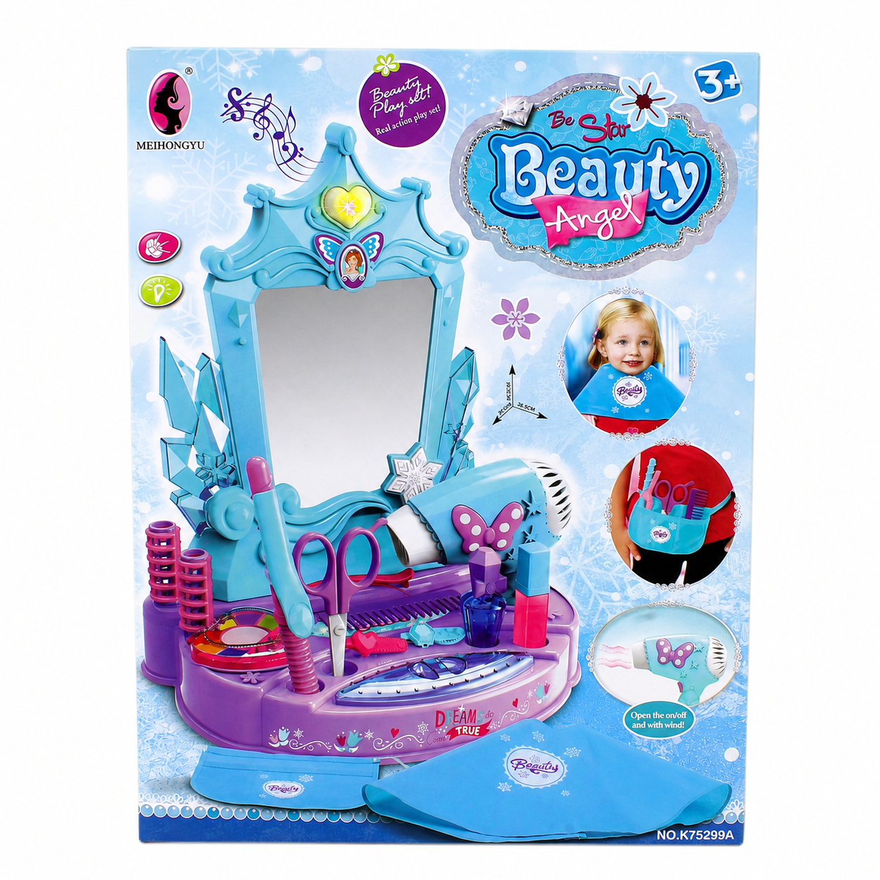 Zestaw zabawek Be Star Beauty Angel z niebieską toaletką, lustrem i akcesoriami.