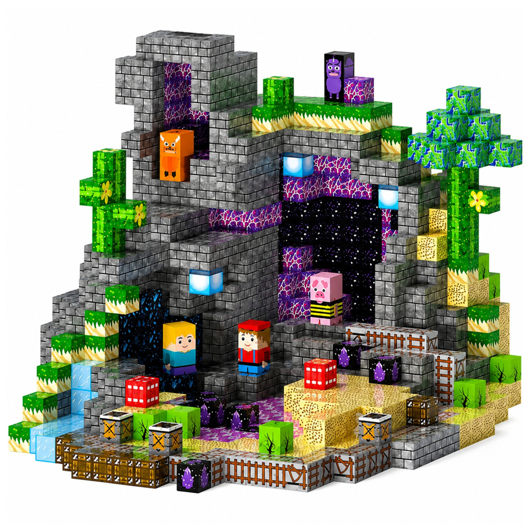 Zestaw klocków w stylu Minecraft z postaciami, zwierzętami i skalnym krajobrazem jaskini.