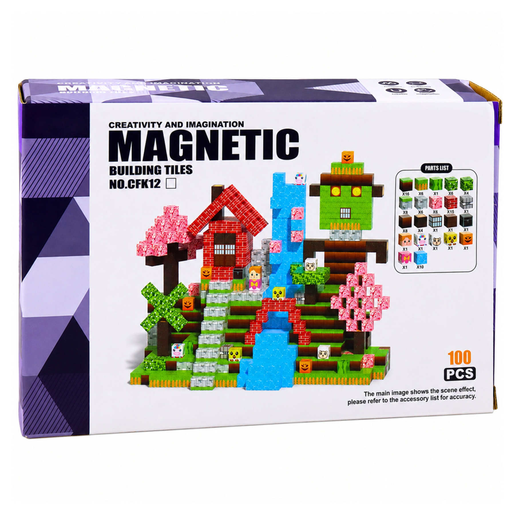 Opakowanie magnetycznych klocków z kolorowym krajobrazem z klocków i napisem 100 PCS.