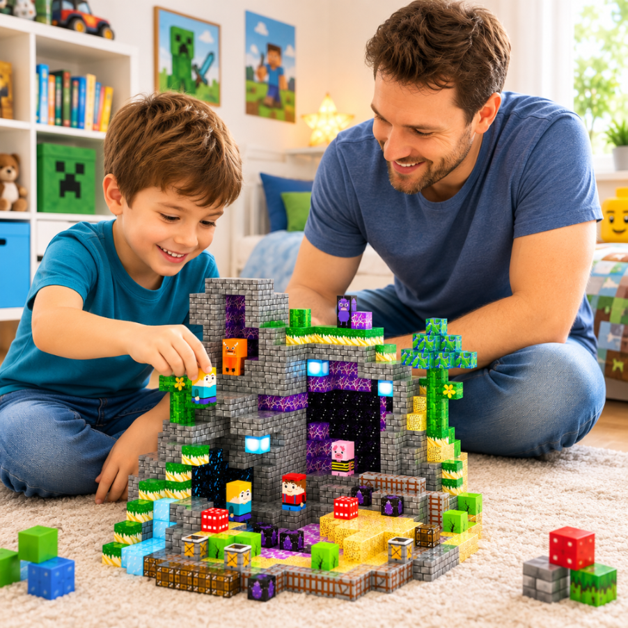 Uśmiechnięty chłopiec i mężczyzna budują razem dużą, kolorową strukturę zabawek Minecraft na dywanie.
