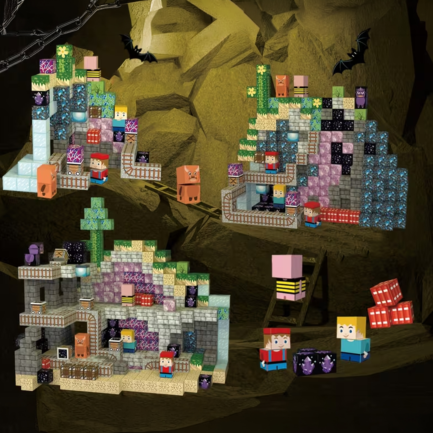 Zestawy zabawek Minecraft na tle jaskini z kanciastymi postaciami, budowlami i torami.