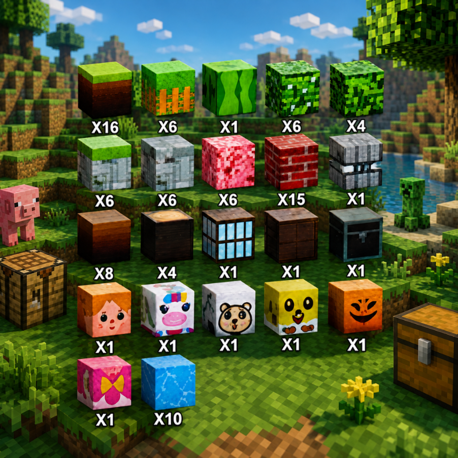 Różne bloki i przedmioty z Minecrafta z ilościami na tle zielonego krajobrazu z drzewami i rzeką.