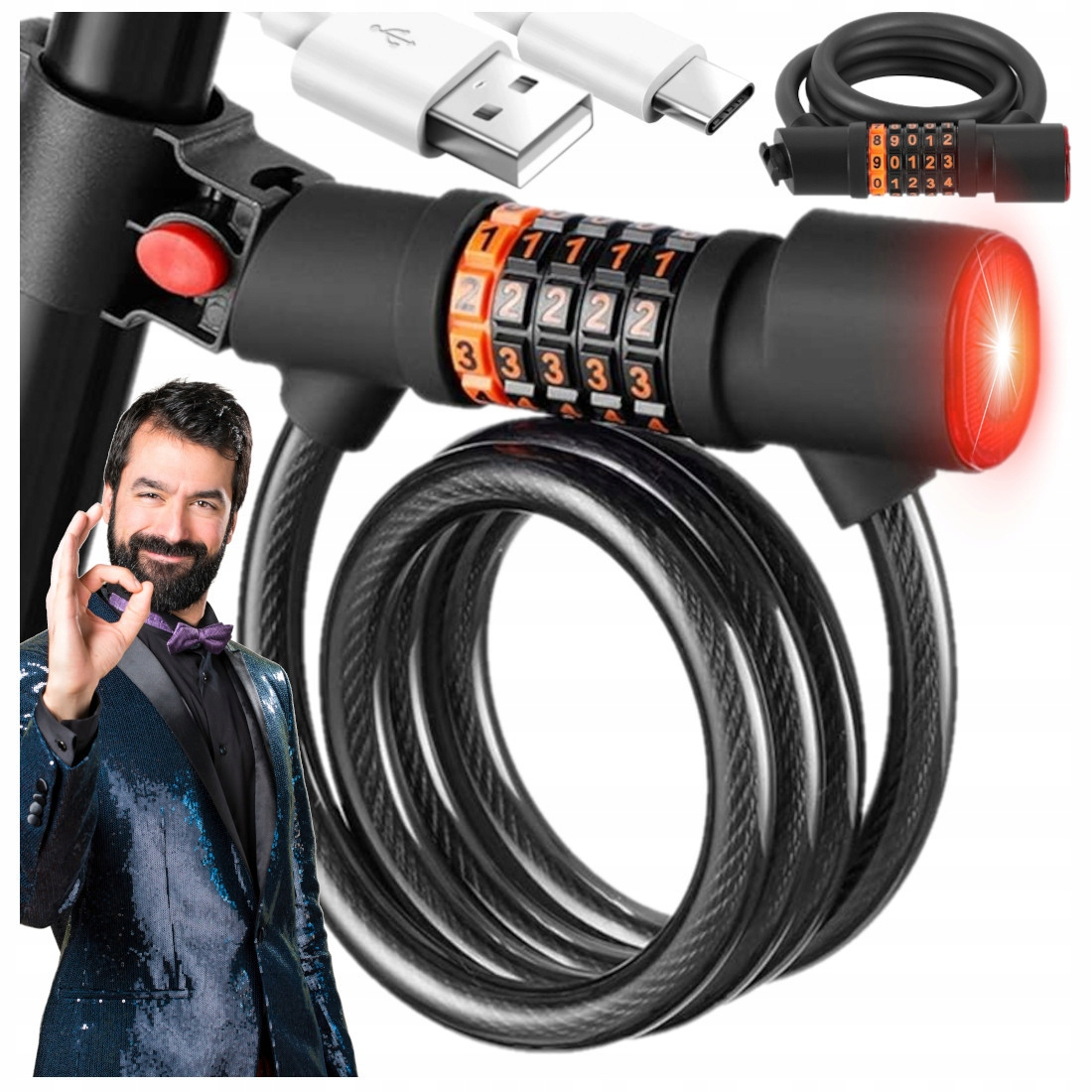 Czarne zapięcie linkowe z szyfrem i czerwonym światłem, kable USB oraz mężczyzna pokazujący znak ok.