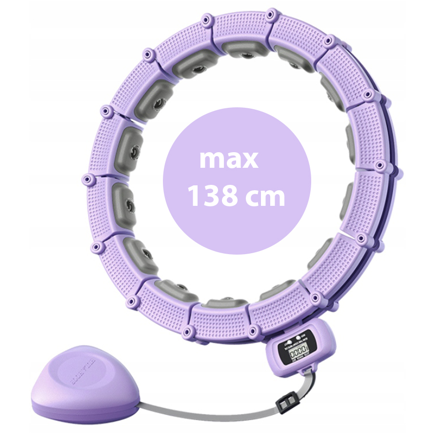 Fioletowy hula hop z ciężarkiem i wyświetlaczem cyfrowym, maks. 138 cm.