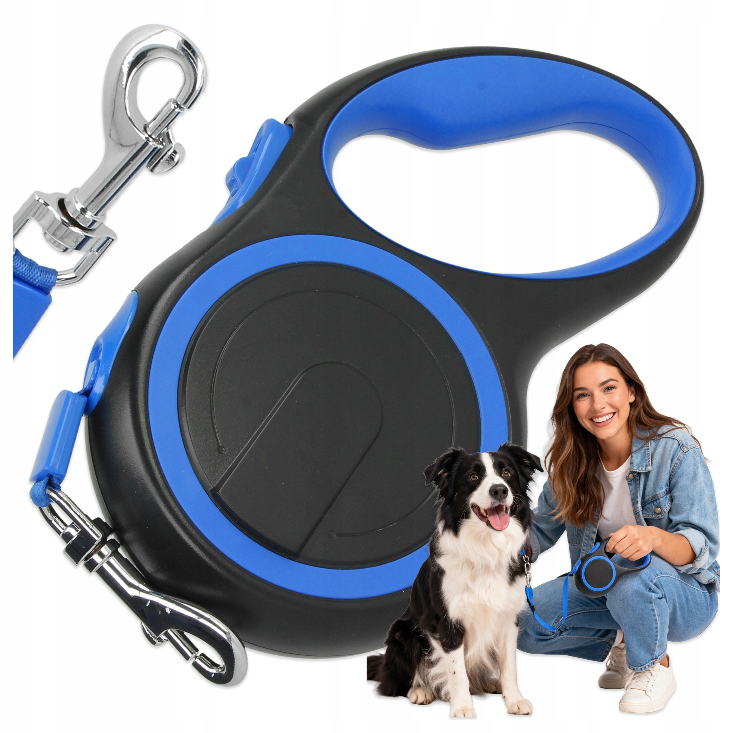 Niebiesko-czarna smycz automatyczna z metalowym karabińczykiem, a na dole uśmiechnięta dziewczyna z Border Collie.