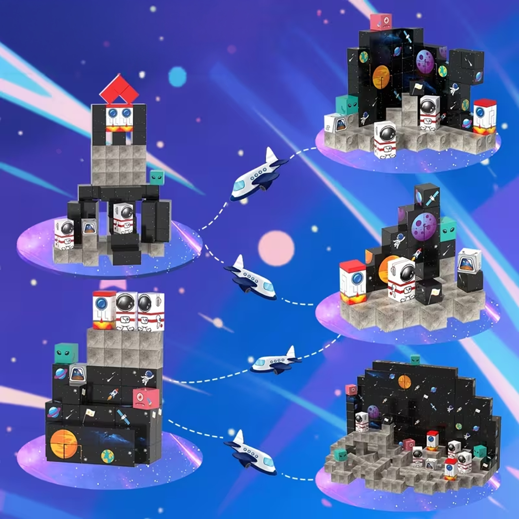 Klocki magnetyczne z motywami kosmicznymi, astronautami i rakietami na niebieskim tle z samolotami.