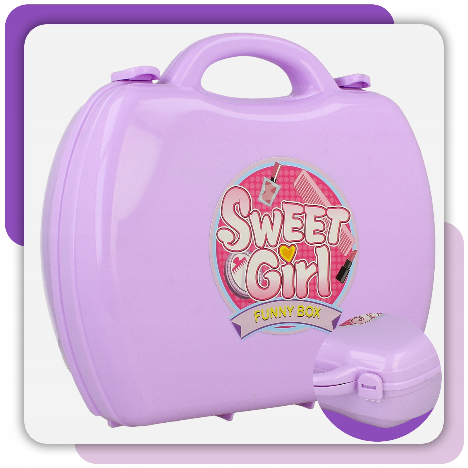 Fioletowa walizka-zabawka z okrągłą różową naklejką z napisem Sweet Girl Funny Box.