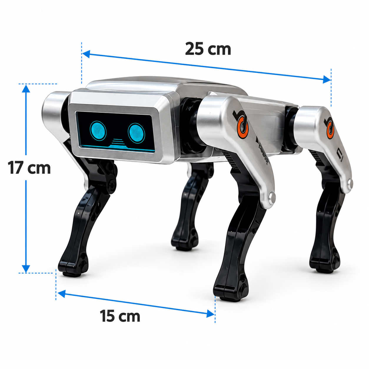 Srebrny pies-robot z niebieskimi oczami, o wymiarach: 25 cm długości, 17 cm wysokości i 15 cm szerokosci.