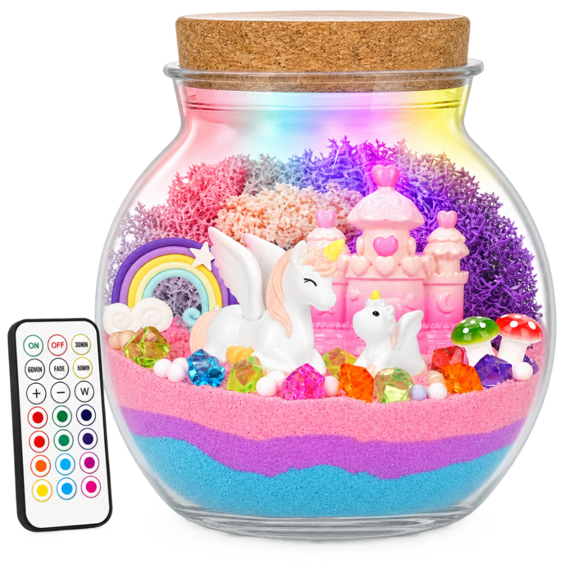 Szklane terrarium z różowym i niebieskim piaskiem, różowym zamkiem, figurkami jednorożców, kolorowym mchem i pilotem.