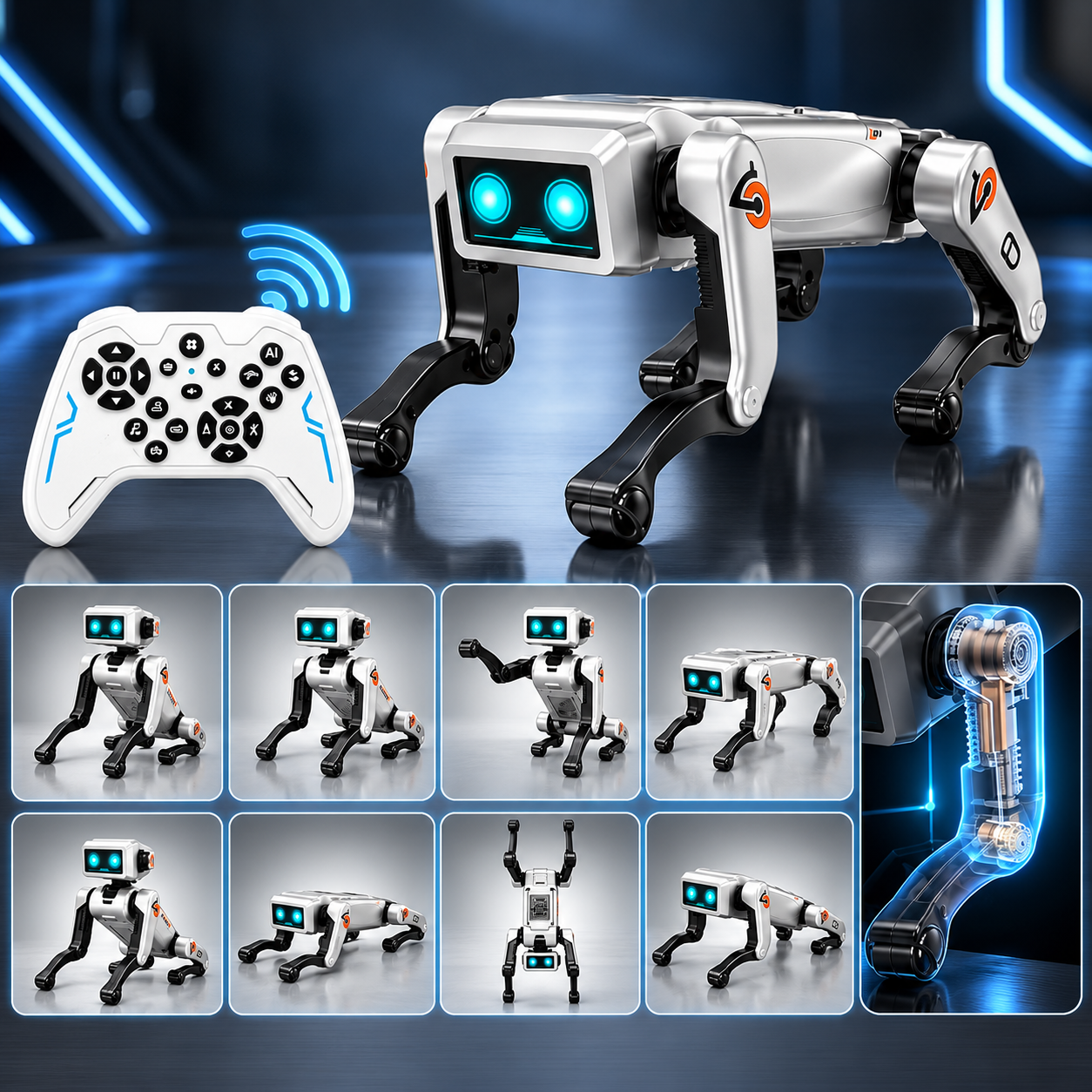 Biały pies robot z niebieskimi oczami, pilot i mniejsze zdjęcia pokazujące jego różne pozy i przekładnie.