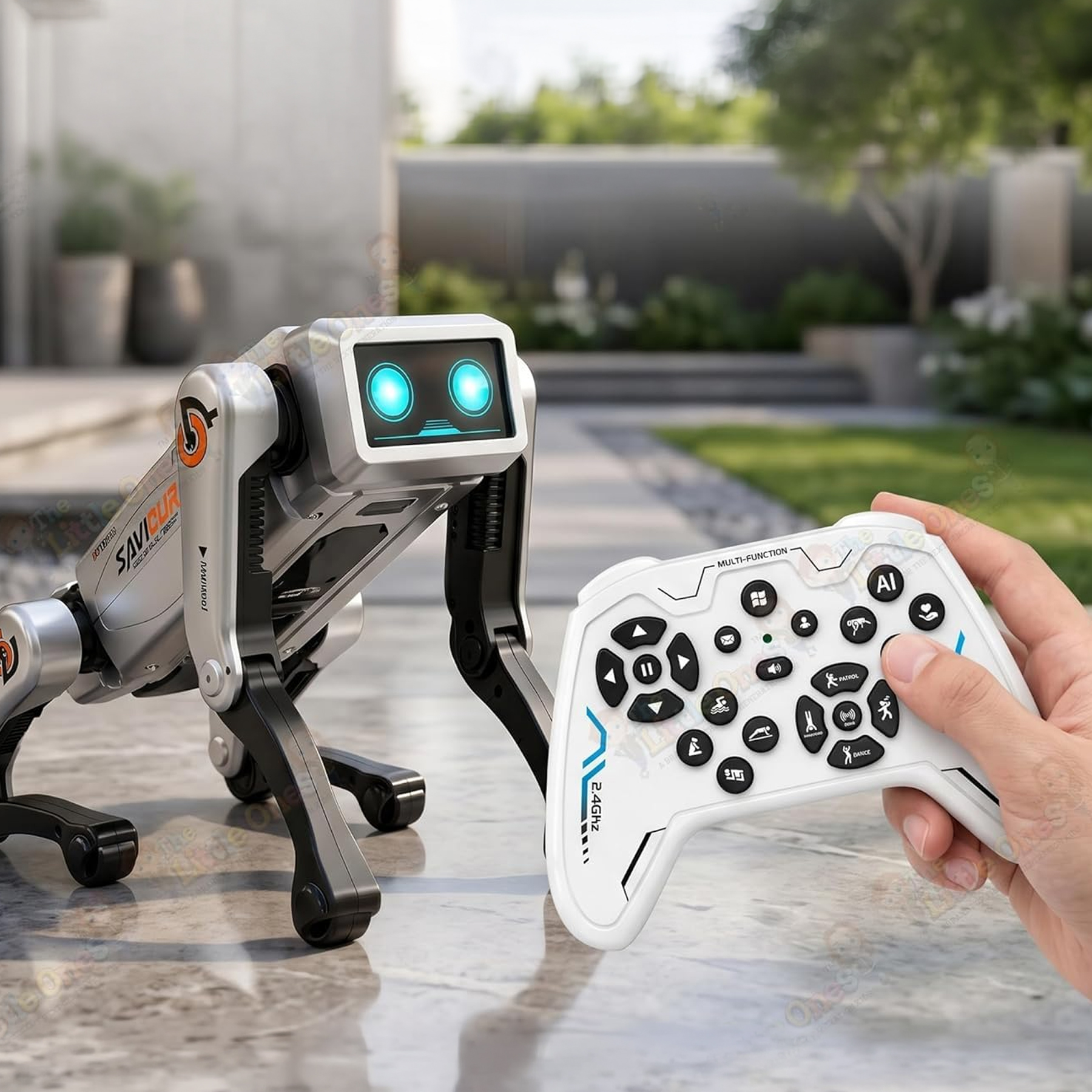 Srebrny robopies z niebieskimi oczami obok białego kontrolera trzymanego przez rękę na stole.
