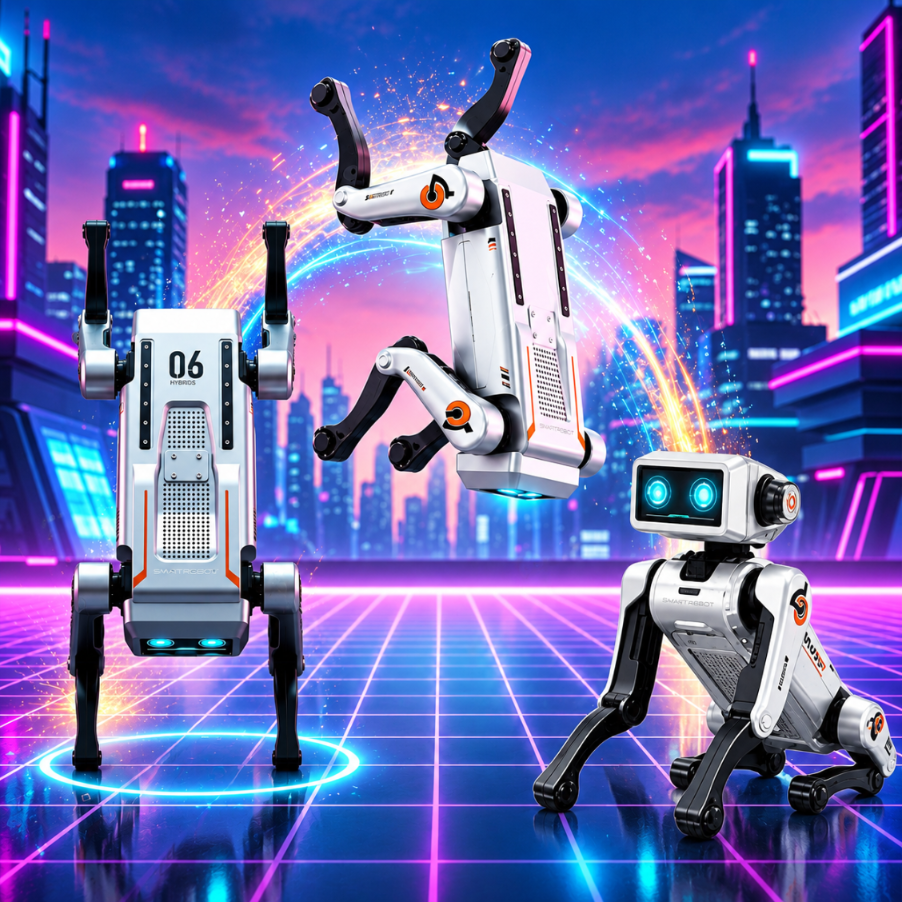 Trzy futurystyczne psy roboty w neonowym krajobrazie miejskim ze świecącymi smugami światła i niebem w tle.