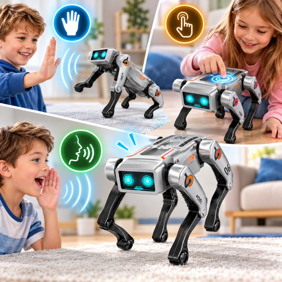Dzieci bawią się ze srebrnym robotem-psem o świecących na niebiesko oczach w różnych wnętrzach.