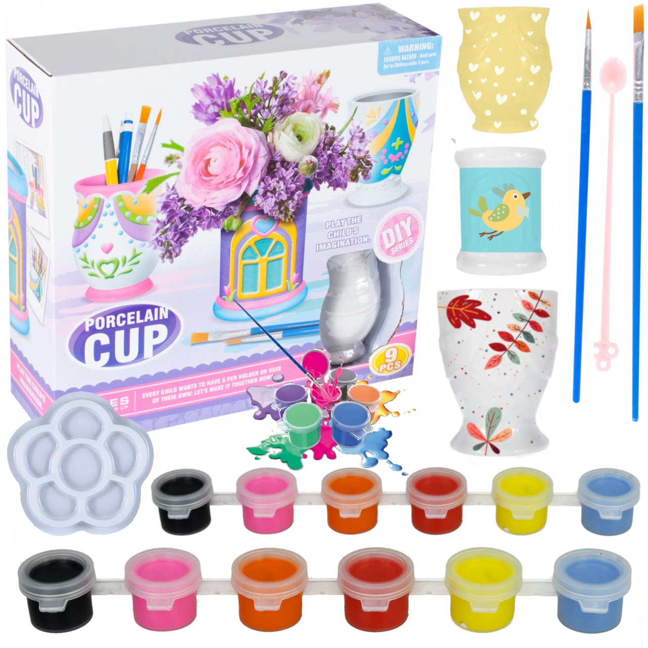 Zestaw do malowania kubków porcelanowych DIY z pudełkiem, kubkami, farbą, pędzlami i paletą.
