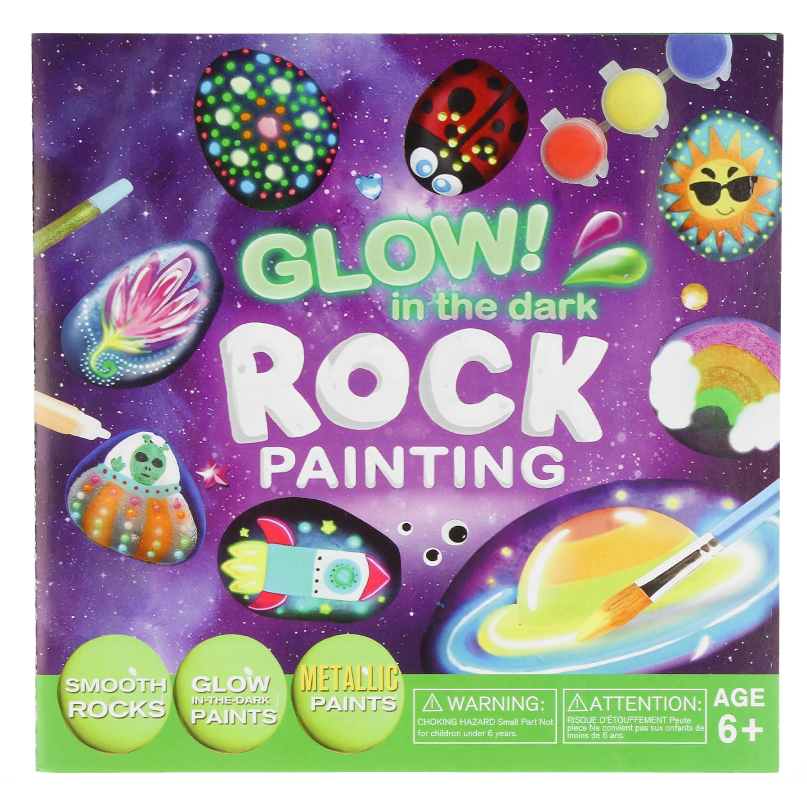 Opakowanie Glow in the Dark Rock Painting z pomalowanymi kamieniami, farbami i pędzlem na fioletowym tle.