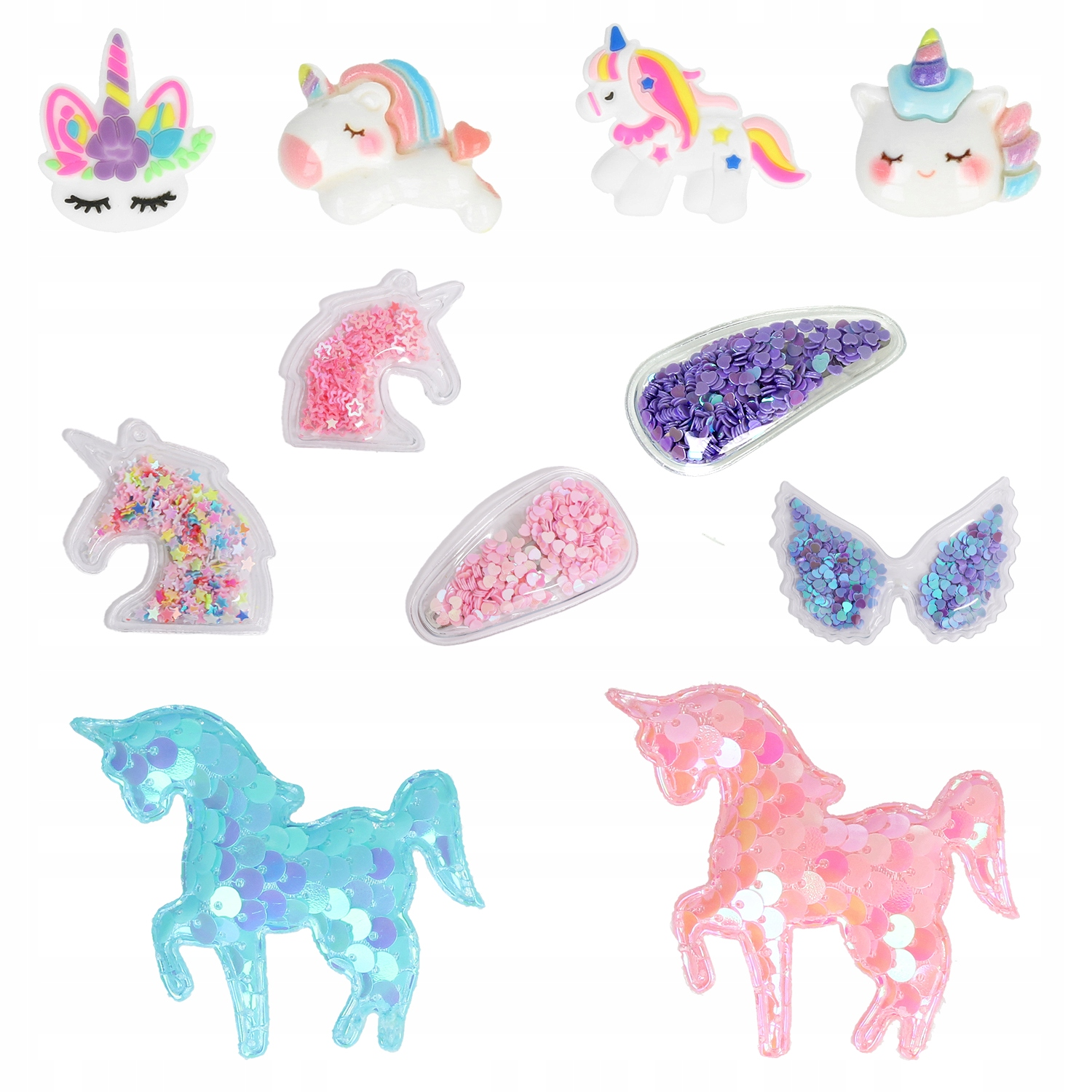 Różne kolorowe naszywki w kształcie jednorożca i cekinowe aplikacje na białym tle.
