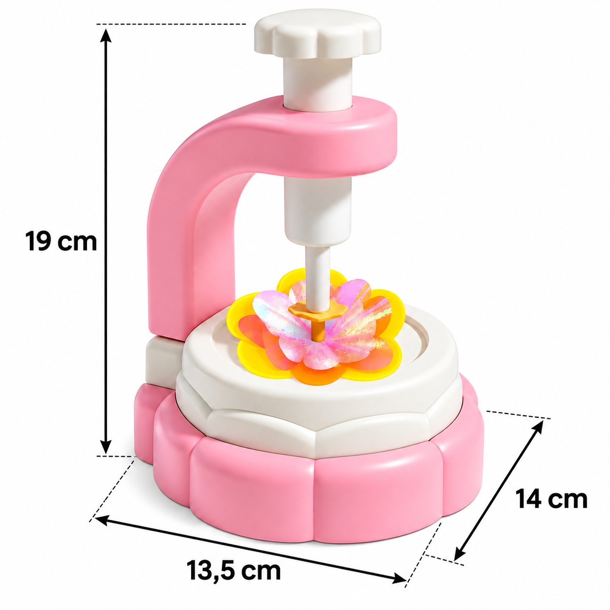 Różowo-biała prasa do zabawek o wymiarach 19 cm wysokości, 13,5 cm szerokości i 14 cm głębokości.